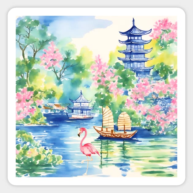Flamingo in chinoiserie landscape watercolor painting Sticker by SophieClimaArt